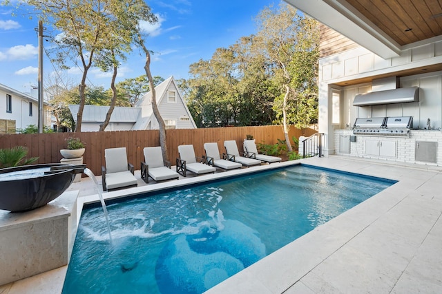 view of swimming pool with a fenced in pool, a fenced backyard, a patio area, an outdoor kitchen, and a grill