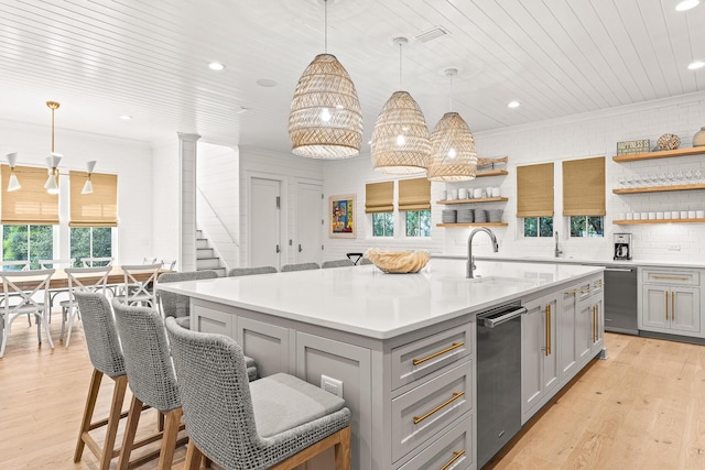 kitchen featuring a sink, gray cabinets, wooden ceiling, and open shelves