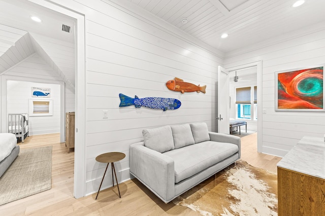 living area featuring wooden ceiling, recessed lighting, visible vents, and light wood finished floors