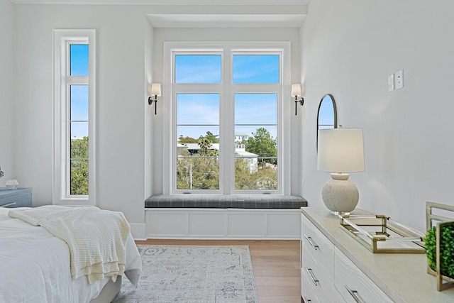 bedroom featuring multiple windows and light wood-style floors