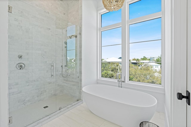 bathroom featuring a freestanding bath and a shower stall