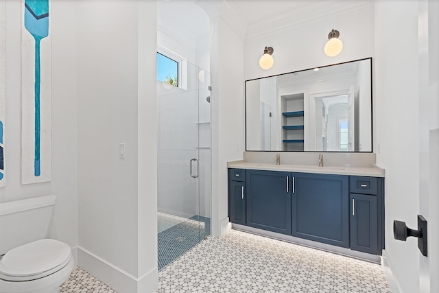 full bath featuring vanity, baseboards, a shower stall, tile patterned floors, and toilet