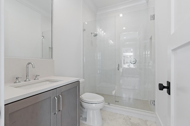 full bath with toilet, marble finish floor, a stall shower, crown molding, and vanity