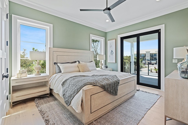 bedroom featuring recessed lighting, ornamental molding, wood finished floors, and access to outside