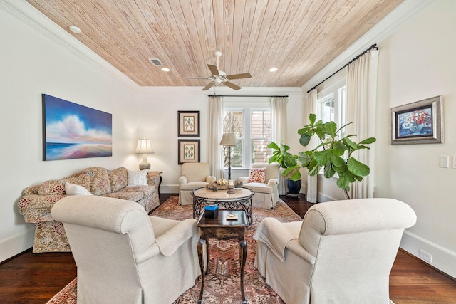 living area with ceiling fan, baseboards, wood ceiling, recessed lighting, and wood finished floors