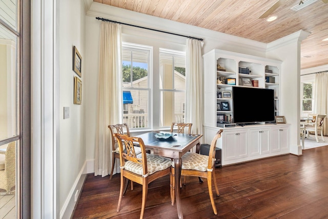 dining space with dark wood-type flooring, wooden ceiling, and crown molding