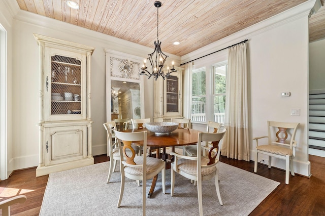 dining area with crown molding, baseboards, dark wood finished floors, a chandelier, and wood ceiling