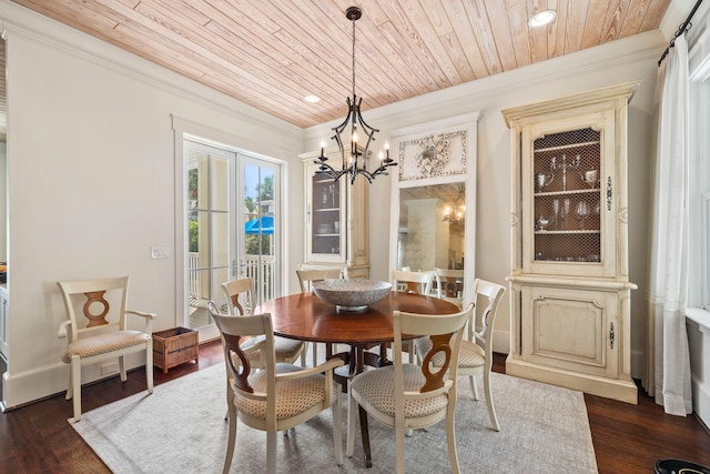 dining space featuring an inviting chandelier, wooden ceiling, crown molding, baseboards, and dark wood-style flooring