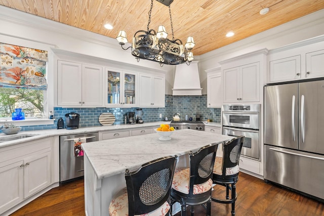 kitchen featuring crown molding, premium range hood, decorative backsplash, wooden ceiling, and stainless steel appliances