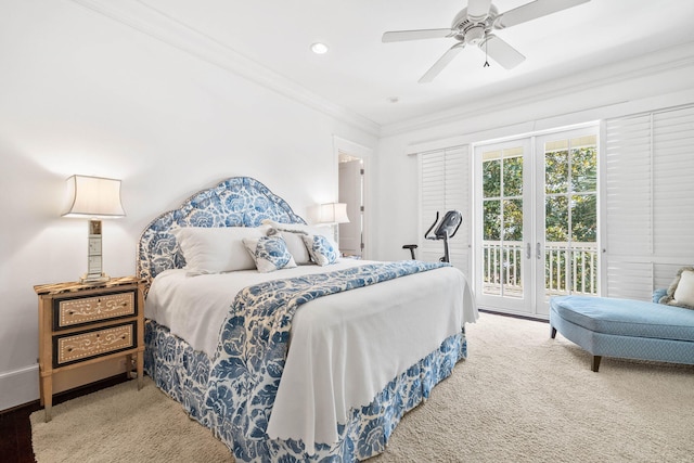 carpeted bedroom with baseboards, recessed lighting, ceiling fan, crown molding, and access to outside