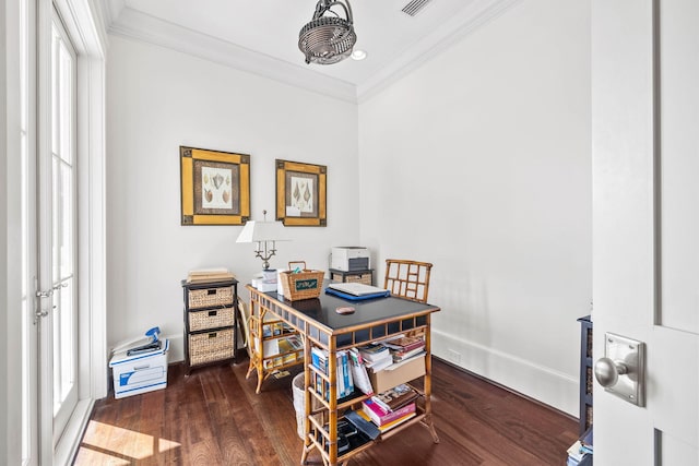 home office with baseboards, dark wood-style floors, and ornamental molding