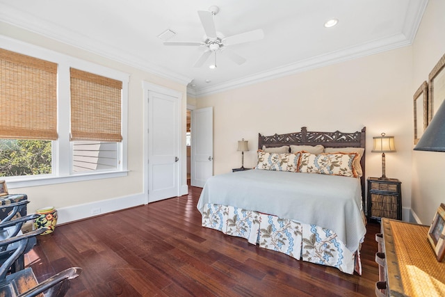 bedroom featuring recessed lighting, wood finished floors, baseboards, and ornamental molding