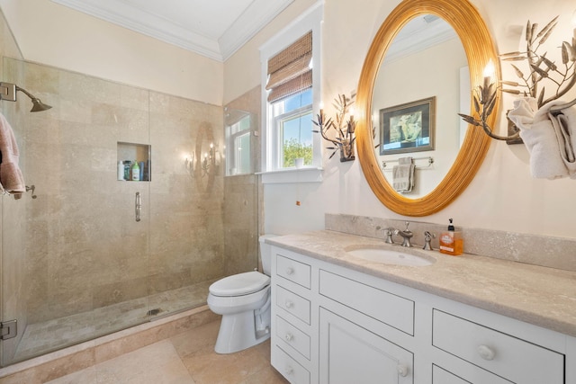 full bath featuring toilet, a stall shower, and crown molding