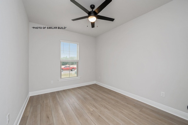 empty room with light wood-style flooring, baseboards, and ceiling fan