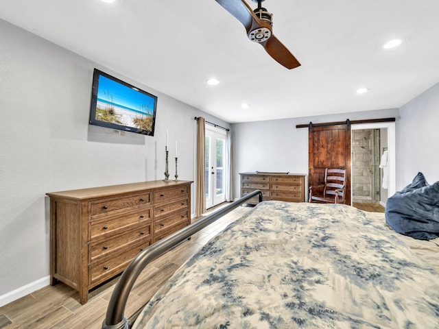 bedroom featuring access to outside, recessed lighting, baseboards, ceiling fan, and wood tiled floor