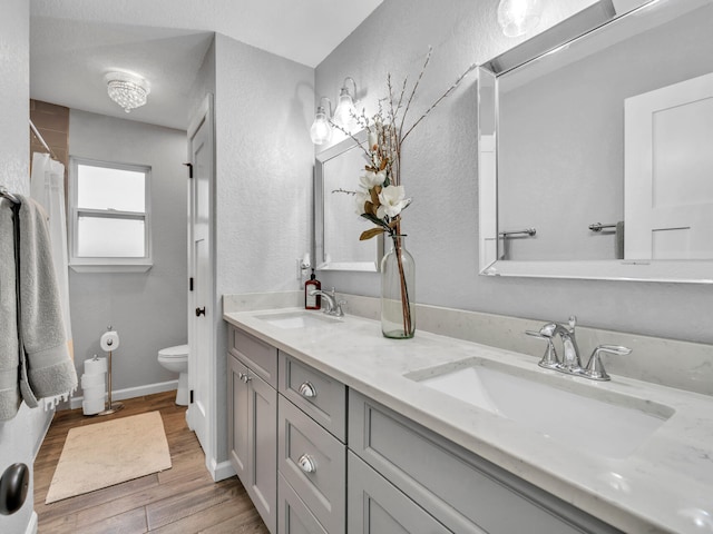 bathroom featuring double vanity, toilet, wood finished floors, and a sink