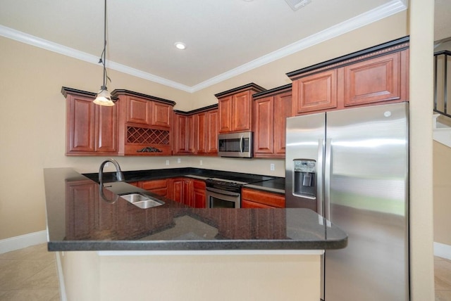 kitchen featuring ornamental molding, light tile patterned floors, dark stone countertops, appliances with stainless steel finishes, and a sink