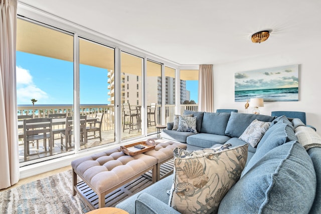 living room featuring wood finished floors and expansive windows