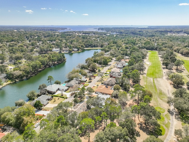 birds eye view of property with a water view and a residential view