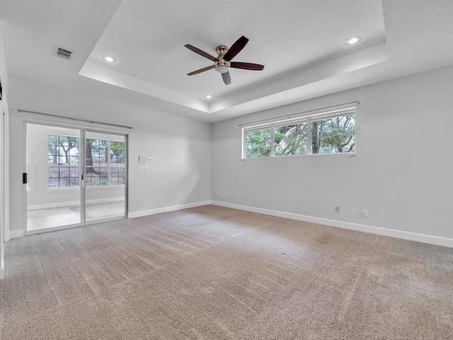 spare room with visible vents, baseboards, a raised ceiling, and carpet