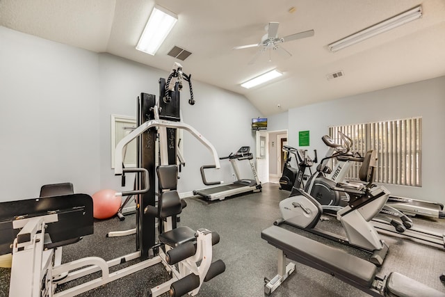 workout area with vaulted ceiling, visible vents, and ceiling fan