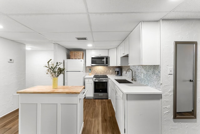 kitchen featuring a sink, tasteful backsplash, appliances with stainless steel finishes, and dark wood-style flooring