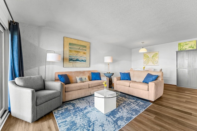 living area featuring a textured ceiling and wood finished floors