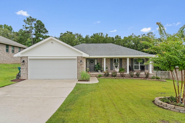 single story home with a front lawn, a porch, a garage, and driveway