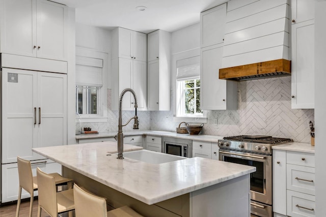 kitchen featuring a sink, premium appliances, backsplash, and white cabinetry