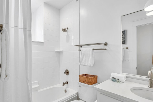 bathroom featuring shower / tub combo with curtain, vanity, and toilet