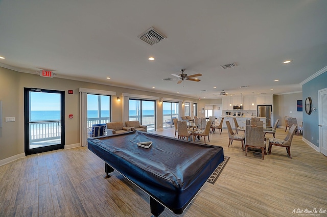 rec room with billiards, crown molding, light wood-style floors, and visible vents