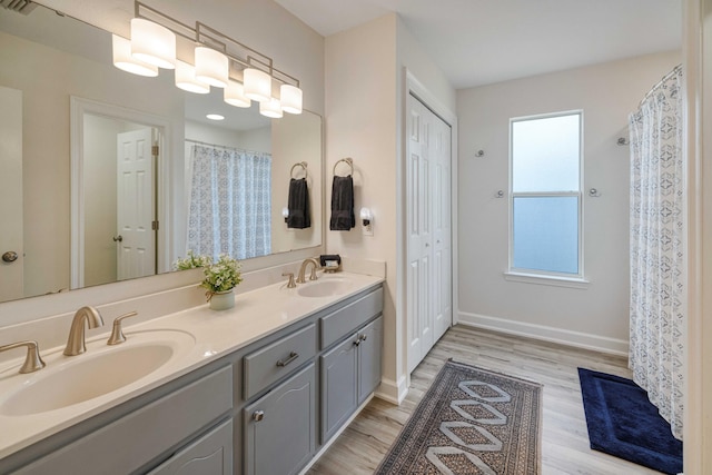 bathroom with a sink, baseboards, wood finished floors, and double vanity