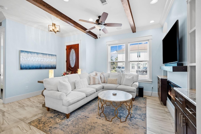 living area featuring beamed ceiling, a ceiling fan, baseboards, and ornamental molding