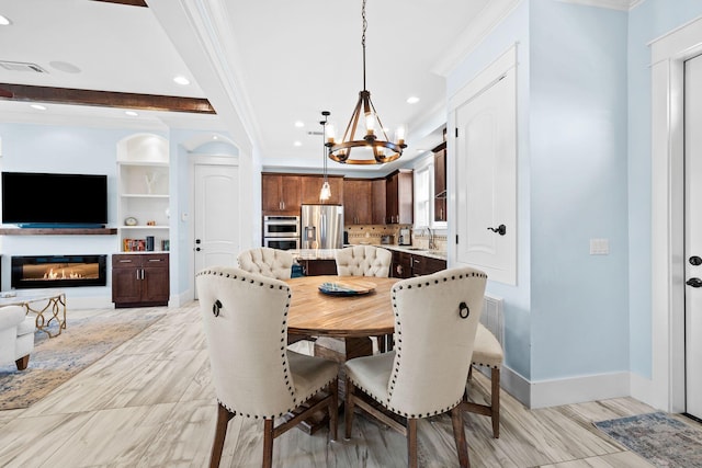 dining area featuring visible vents, ornamental molding, recessed lighting, baseboards, and a chandelier