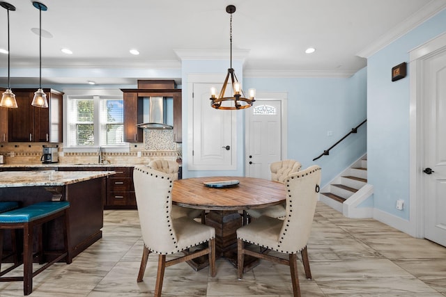 dining space with recessed lighting, stairway, crown molding, baseboards, and a chandelier