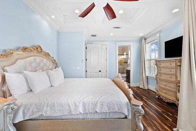 bedroom featuring visible vents, ornamental molding, recessed lighting, wood finished floors, and coffered ceiling