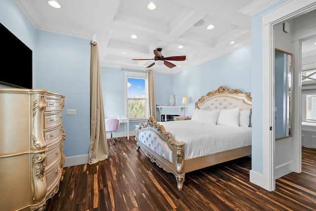 bedroom featuring crown molding, baseboards, beam ceiling, wood finished floors, and coffered ceiling