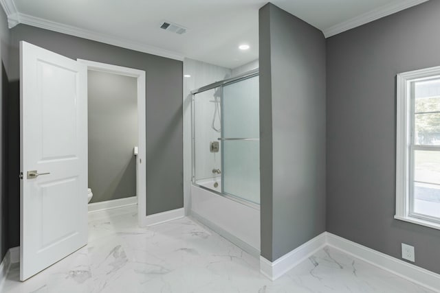 full bathroom featuring crown molding, toilet, visible vents, and baseboards