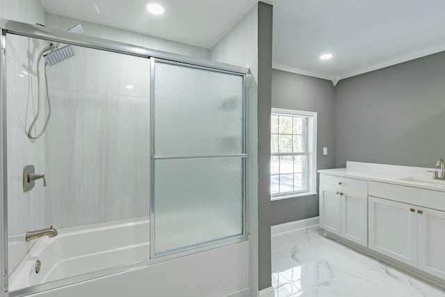 bathroom with vanity, baseboards, ornamental molding, marble finish floor, and combined bath / shower with glass door