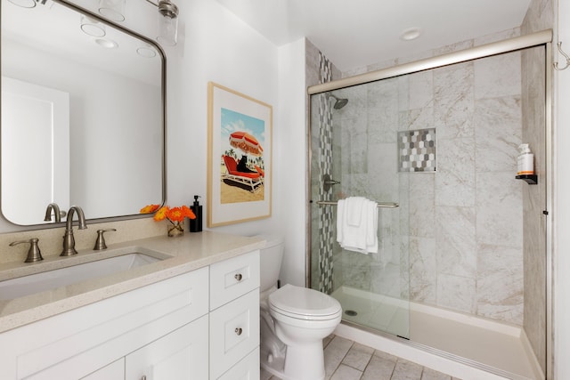 full bath featuring a shower stall, toilet, and vanity