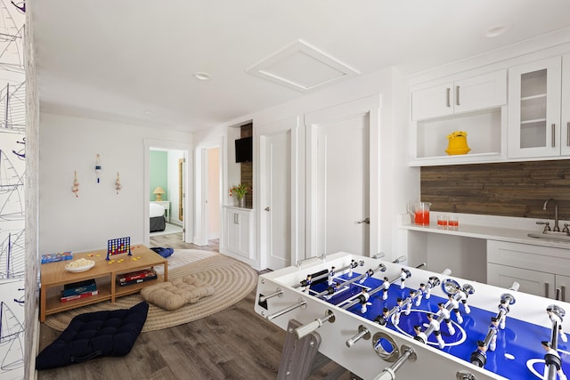 playroom with attic access, wood finished floors, and a sink