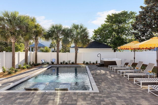 view of pool with a patio area, a fenced backyard, and a hot tub