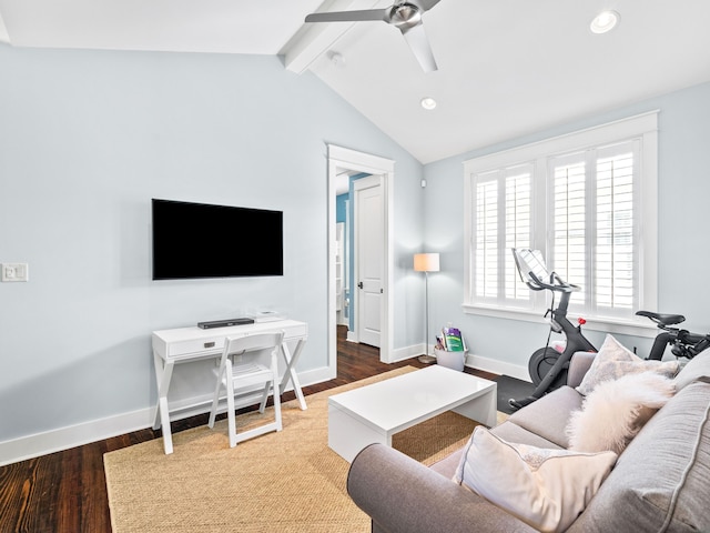 living room with baseboards, ceiling fan, lofted ceiling with beams, recessed lighting, and wood finished floors