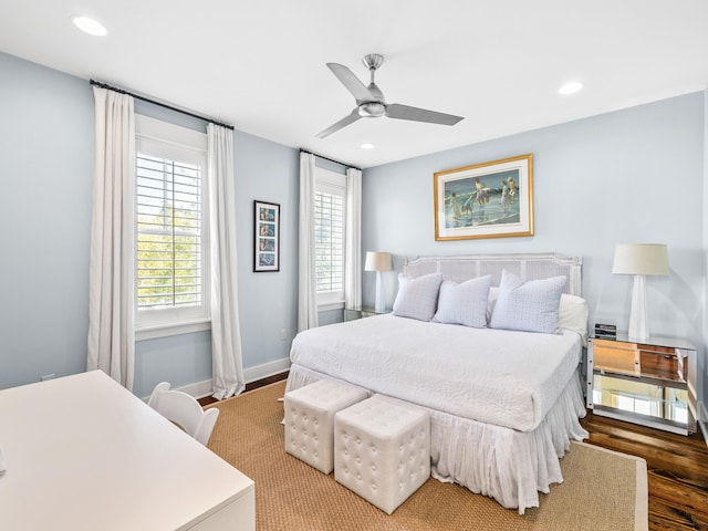 bedroom featuring recessed lighting, ceiling fan, baseboards, and wood finished floors