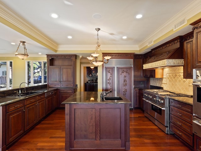 kitchen featuring dark wood finished floors, stainless steel stove, and a sink