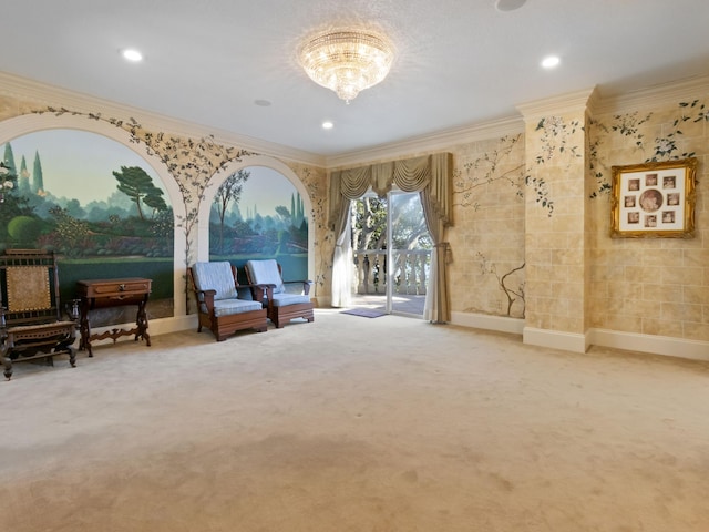 interior space featuring recessed lighting, carpet floors, a chandelier, and crown molding