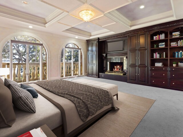 bedroom with ornamental molding, light carpet, a premium fireplace, recessed lighting, and coffered ceiling