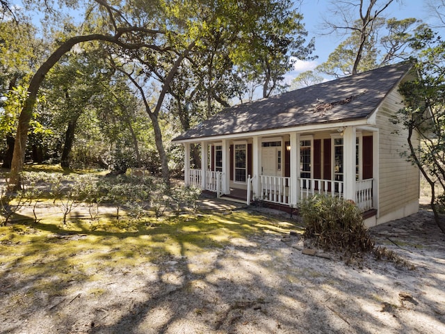 view of front facade featuring covered porch and a shingled roof