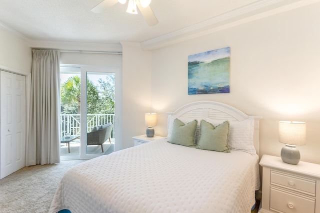 carpeted bedroom featuring access to exterior, a ceiling fan, and ornamental molding