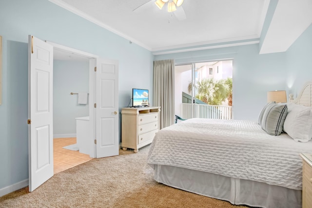 bedroom featuring light colored carpet, crown molding, and ceiling fan